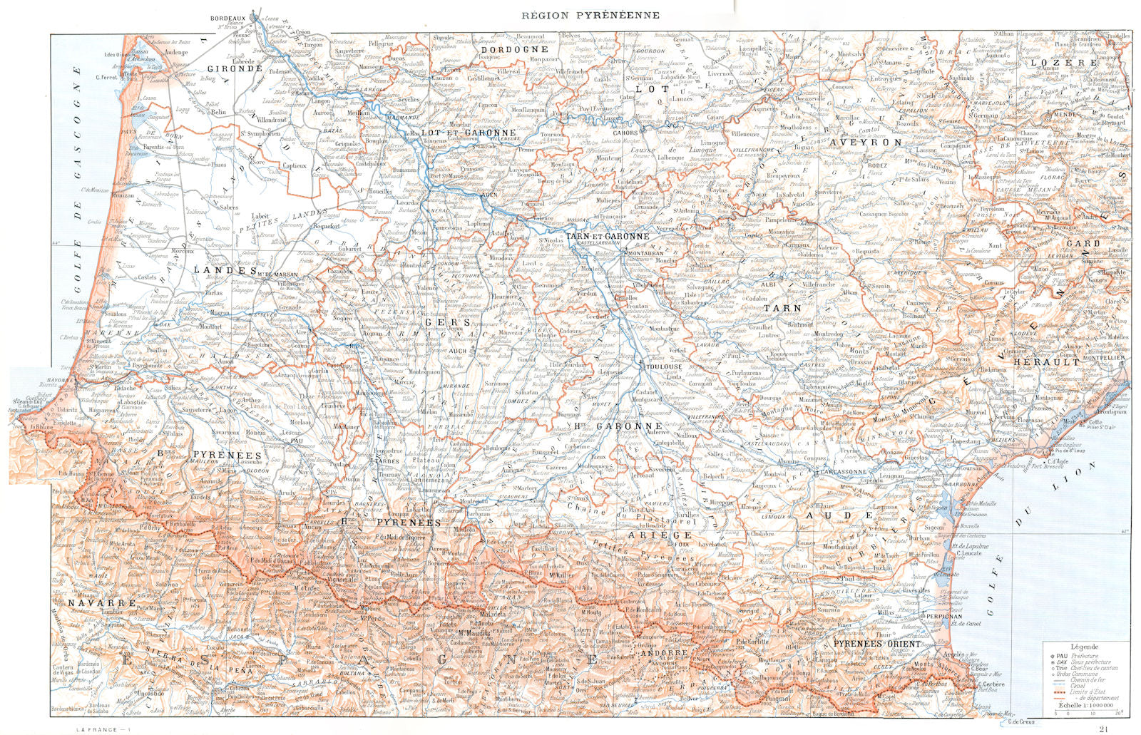 PYRÉNÉES. Région Pyrénéenne 1900 old antique vintage map plan chart